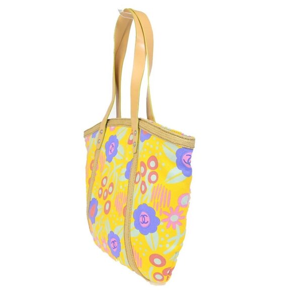 CHANEL CC High Summer Tote Bag Shoulder Canvas Leather Flower Yellow - Picture 4 of 16